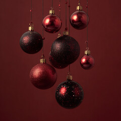 Dark Red Background with Shiny Dark Gold Christmas Ornaments