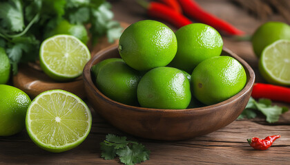 AI generator image of Green Lime ,Fresh limes and green leaves on wooden table, Plate of vibrant fresh limes with one sliced in half top view 