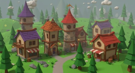 A whimsical, low-poly village nestled in a lush, green valley, showcasing colorful, stylized buildings with distinct, whimsical architectural details.