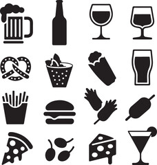 Collection of popular food and drink icons in black silhouette beer bottle