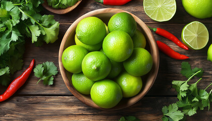 AI generator image of Green Lime ,Fresh limes and green leaves on wooden table, Plate of vibrant fresh limes with one sliced in half top view 