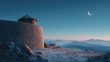 Stone watchtower atop a snow-capped mountain at dawn. Crescent moon