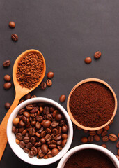 Ground coffee close up on the table. Vertical photo format