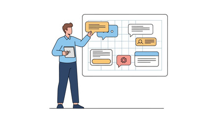 A designer presents a user interface concept with various UI elements on a large gridded whiteboard.