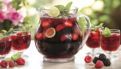 AI generator image of Cool drink compote of various berries , strawberry in a glass jug on a concrete background summer refreshing drinks, jug of juice and fruit juice decorated with freshness
