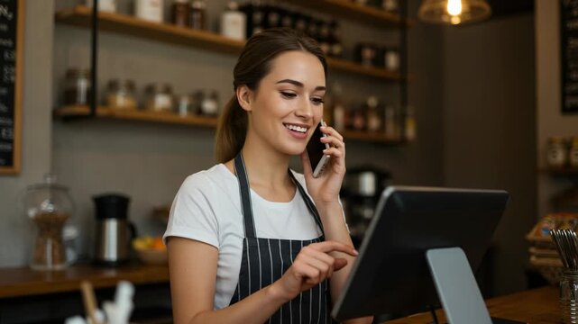 Friendly cafe owner talking on the phone while using a point of sale system at the counter of her coffee shop - Powered by Adobe