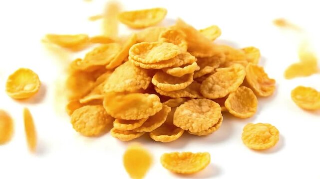 A pile of golden cornflakes scattered on a clean white background, highlighting the crunchy texture of this popular breakfast cereal. Perfect for food-related projects.