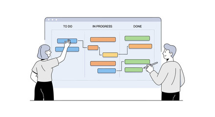 Team members collaborate on a project workflow, organizing tasks on a digital Kanban board.