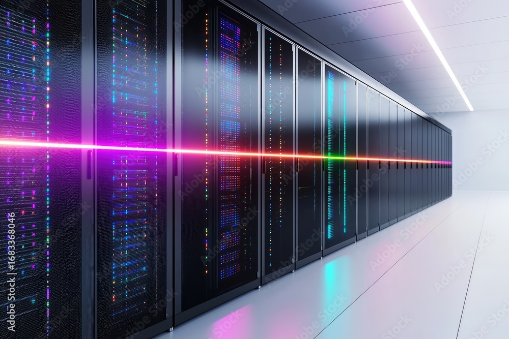 Poster modern data center with glowing server racks and vibrant fiber optic line, representing cloud comput