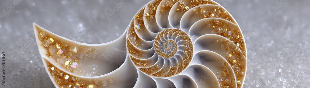 Poster a beautifully detailed nautilus shell with sparkling textures, showcasing natural elegance and intri