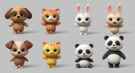 Obraz premium Cute cartoon animals in various poses against a neutral backdrop, showcasing adorable dog, cat, rabbit, and panda characters.
