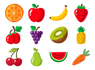 Colorful cartoon fruits and vegetables vector set isolated on white background.