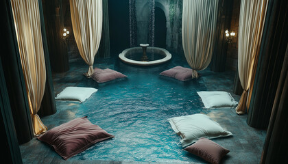 AI generator image of The patio and living room are decorated in a spa style with a small swimming pool. The sound of the waterfall makes you feel relaxed.