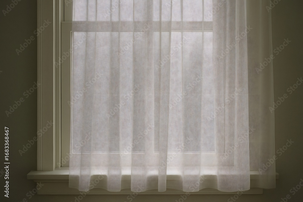 Poster sunlight filters through sheer white curtains in a window, creating a peaceful and calming atmospher