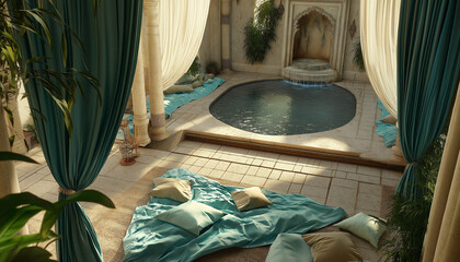 AI generator image of The patio and living room are decorated in a spa style with a small swimming pool. The sound of the waterfall makes you feel relaxed.