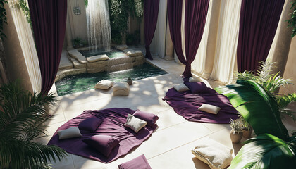 AI generator image of The patio and living room are decorated in a spa style with a small swimming pool. The sound of the waterfall makes you feel relaxed.