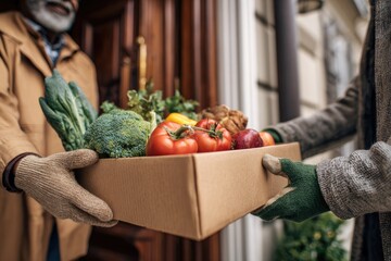 Volunteer Delivering a Box of Fresh Groceries to a Senior Man.