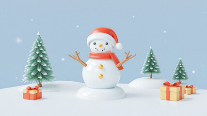 Fototapeta premium A cheerful snowman wearing a red hat and scarf, surrounded by Christmas trees and gift boxes in a snowy landscape.