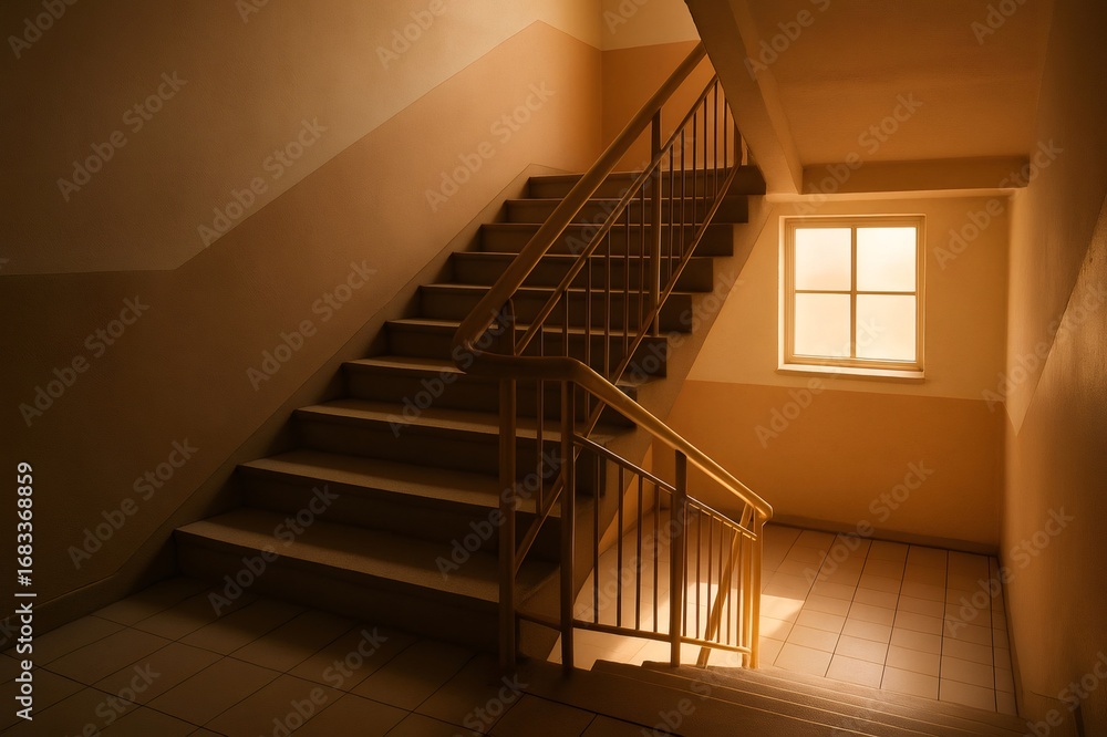 Poster sunlight streaming through window illuminates empty stairwell with metal railing and tiled floor, cr
