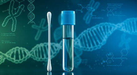 Medical test tube and swab with dna graphic background