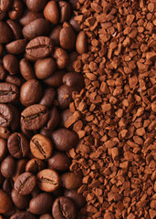 instant coffee and coffee beans. aromatic coffee beans. Vertical photo format 