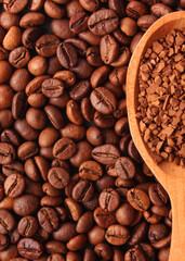 instant coffee and coffee beans. aromatic coffee beans. Vertical photo format