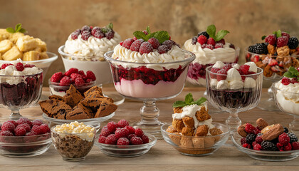AI generator images of Delicious berry yogurt parfait ,Fruit cream truffle cake with berries and nuts for homemade dessert, Cake stand, glass serving dish, tart or fruit Homemade holiday tart dessert 