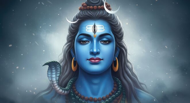 Digital Painting of Hindu God Shiva with Snake and Crescent Moon