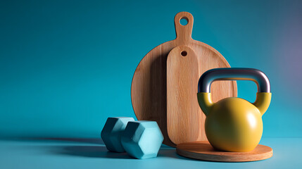 Kettlebell and dumbbells with wooden cutting boards on a blue background
