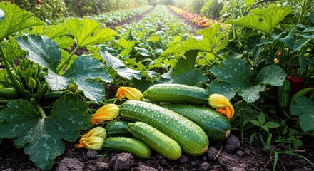 Obraz premium Fresh zucchini plants and harvested produce in a garden row