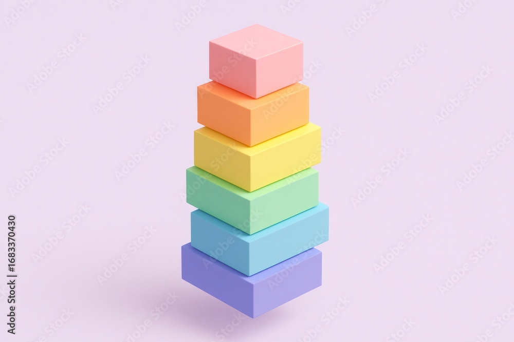 Poster stack of pastel colored cubes arranged vertically, creating a rainbow effect against a light purple 