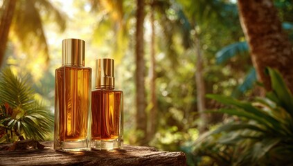 Fototapeta premium Amber perfume bottles in a tropical setting