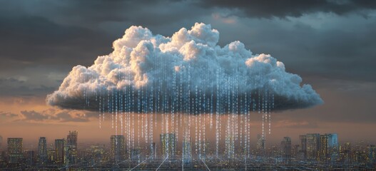 Cloud computing over a cityscape at twilight.  Digital data streams from the cloud