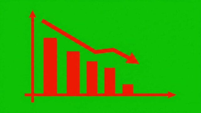 Red Chart Animation  of Financial Decline Decrease Graph With Trend Line Chart. Economic Crisis, Recession, Bar Chart, Profit Down, Vector Illustration on Green Background