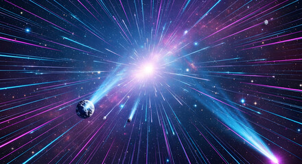 Naklejka premium Dynamic space scene with vibrant colors, nebulae, and planets for a futuristic, cosmic design