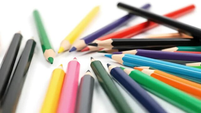 A vibrant collection of colorful sharpened pencils scattered on a white background, perfect for art, education, and creativity themes.