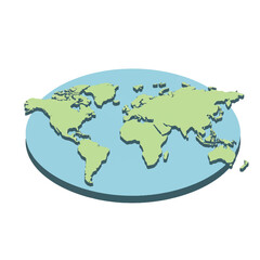 Fototapeta premium A top-down isometric simplified world map with chunky landmasses, presented as a 2D flat vector illustration, featuring minimalist clean lines and solid colors, isolated on a white background.