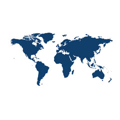 Fototapeta premium A sleek deep blue world map silhouette is presented as a minimalist 2D flat vector illustration with clean lines against a pure white background, ideal for web graphics.