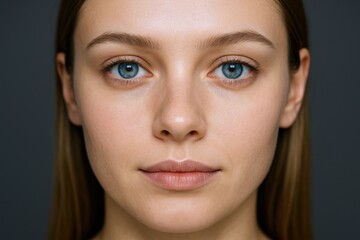 Fototapeta premium Close-up Portrait of a Young Woman with Clear Skin and Striking Blue Eyes Against Gray Backdrop