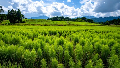 A vast expanse of vibrant green plants stretches across a landscape under a partly cloudy sky, with rolling hills and distant mountains providing a scenic backdrop.