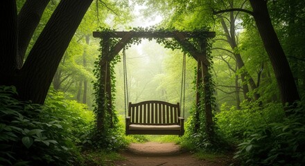 Fototapeta premium Wooden Swing in Lush Forest. Ai generation