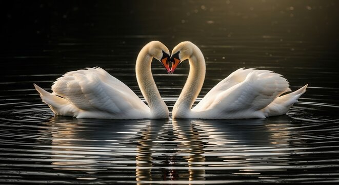 Two swans forming a heart shape on a lake. Ai generation