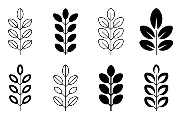 Collection of stylized leaf branch icons in outline and solid fill