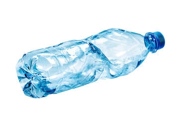 Empty, crushed blue plastic water bottle on black, promoting recycling and waste reduction.