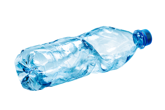 Empty, crushed blue plastic water bottle on black, promoting recycling and waste reduction.