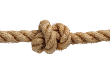 Close-up of a thick, light brown rope with a complex knot in the center