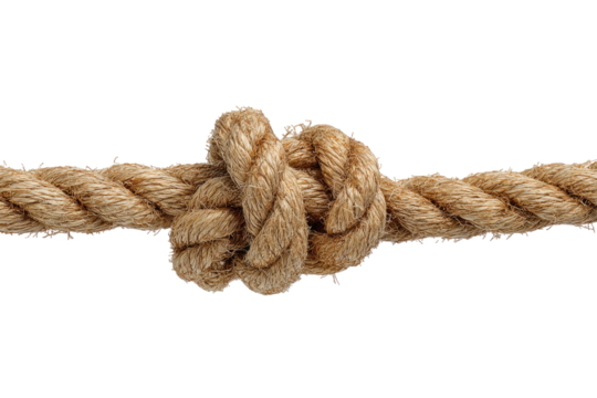 Close-up of a thick, light brown rope with a complex knot in the center