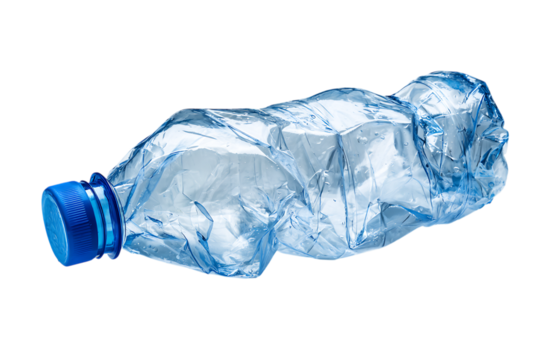 Crushed empty plastic water bottle on black, waste concept