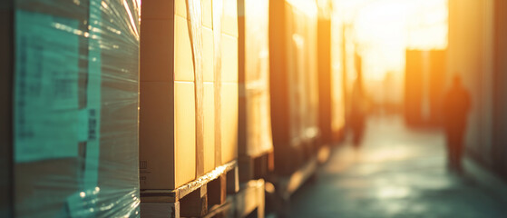 AI generator images of warehouse and factory store with industrial space and hardware boxes for delivery against a bokeh light background, Industrial packaging , forklift loads pallets and boxes onto 