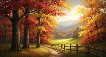 Obraz premium Breathtaking autumn landscape with vibrant fall foliage and peaceful walking path for seasonal campaigns